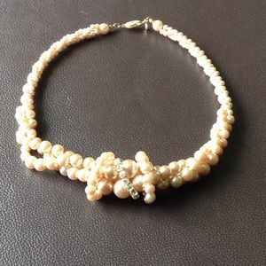 Faux Pearl 3 strand twisted necklace with accents